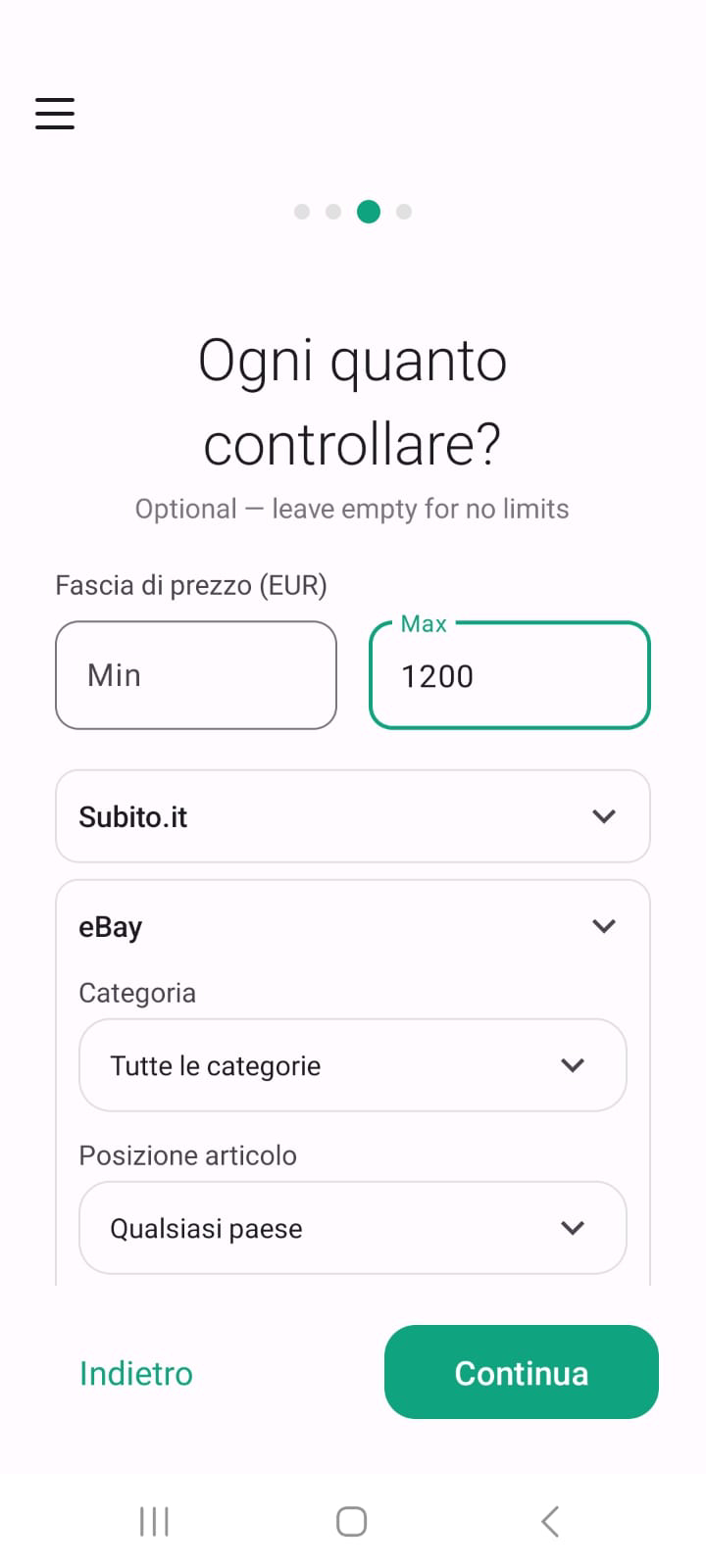 Imposta filtri di prezzo e categorie